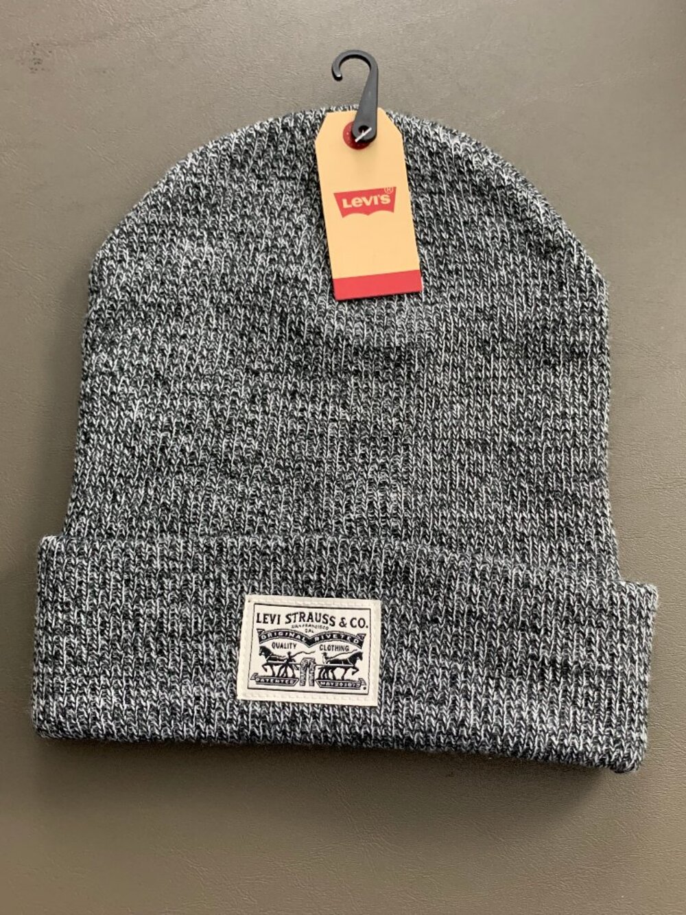 Levi's Men's Logo Ribbed Knit Cuffed Beanie Hat, Marl Gray, One Size
